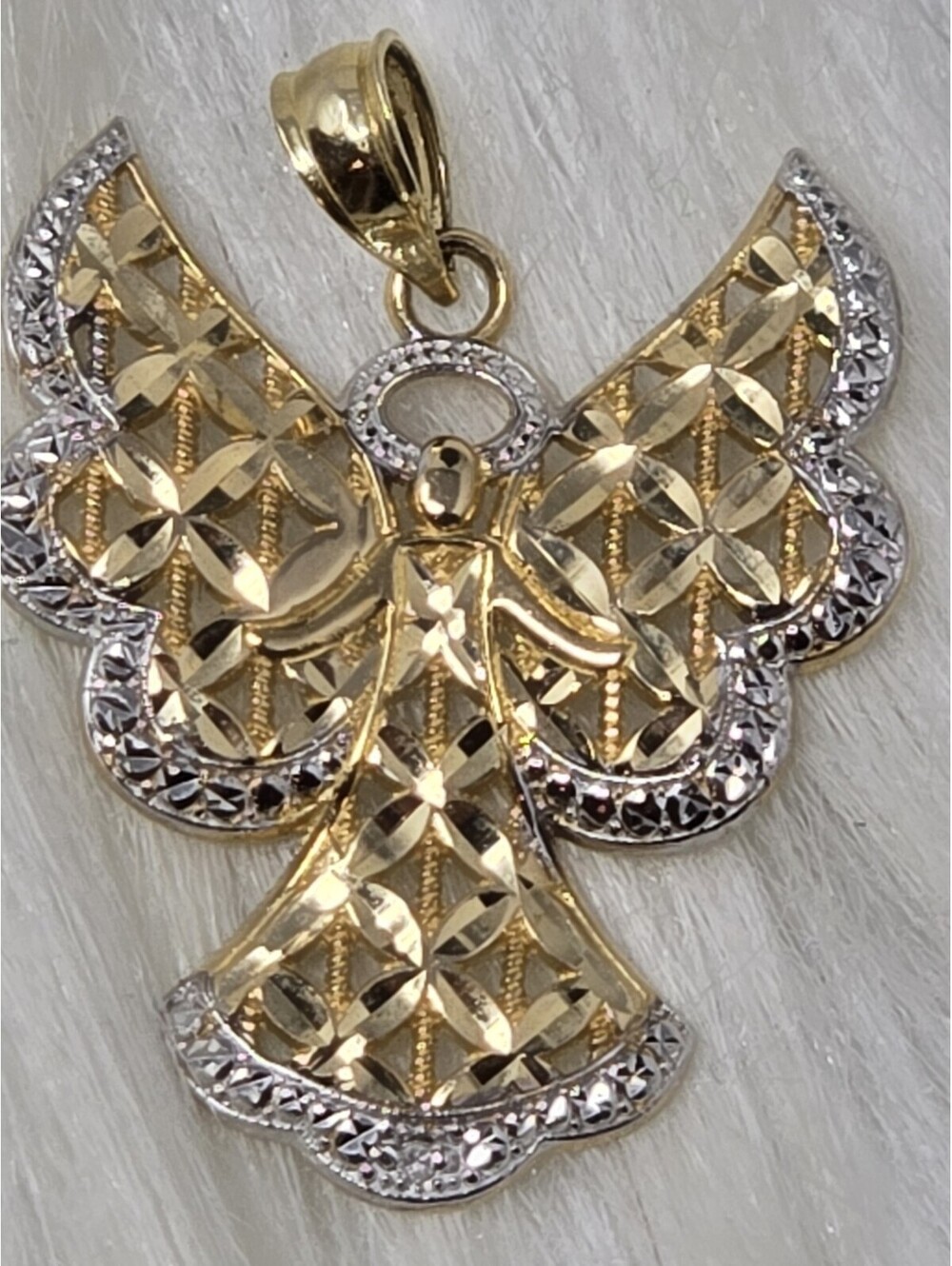 10k Two Tone Gold Diamond Cut Filigree Angel Pendant